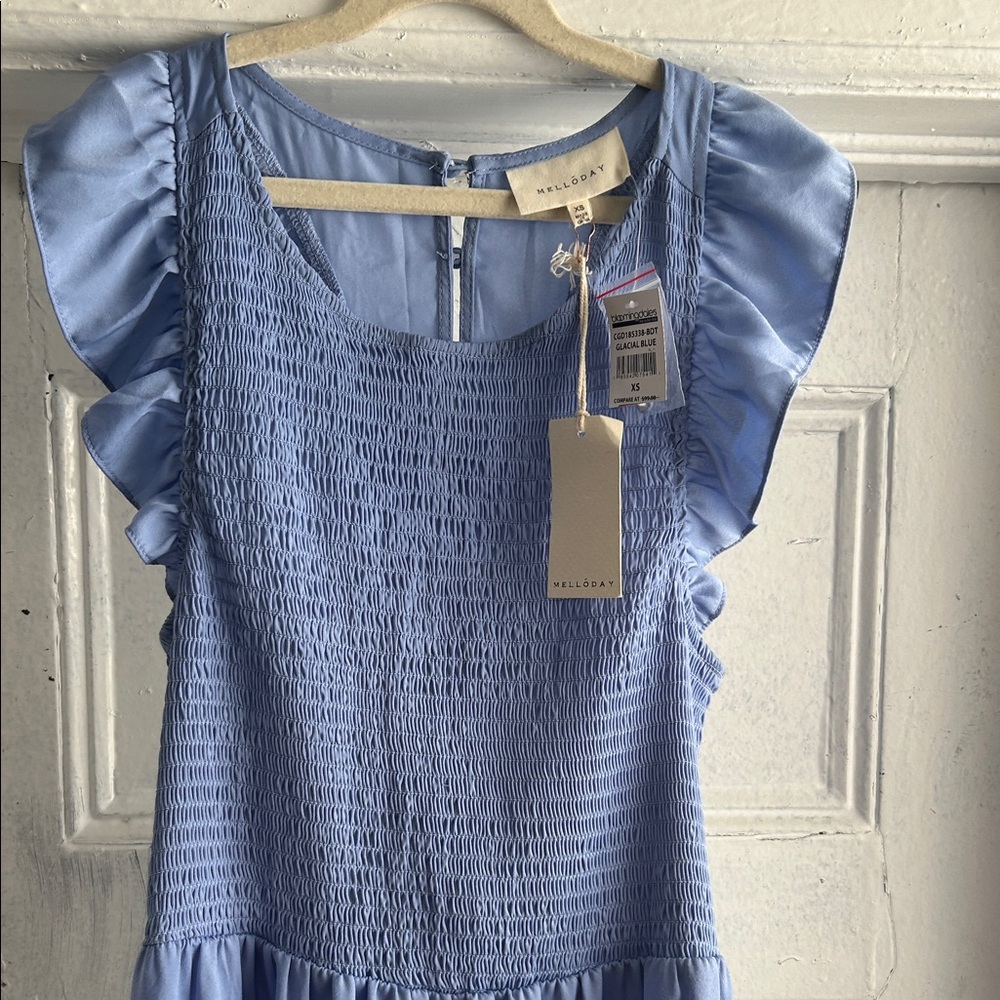 NWT Bloomingdale’s Melloday Chic Blue Ruffle Sleeve Maxi Dress- XS - Picture 4 of 5